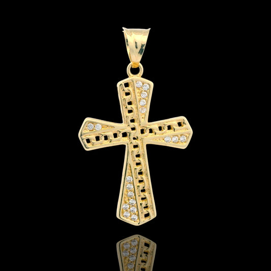 14K Gold Chain-Link Cross Pendant with CZ Accent – 26mm