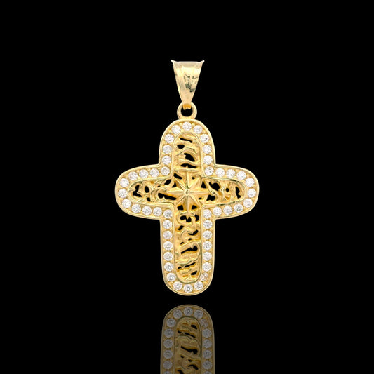 14K Gold Starburst Filigree Cross Pendant 27mm