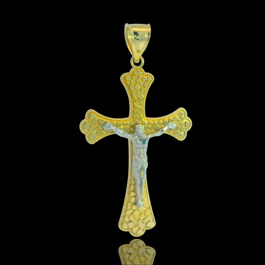 14K Two-Tone Nugget Pattern Cross Pendant - 44mm