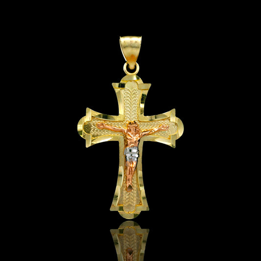 14K Three-Tone Textured Crucifix Cross Pendant
