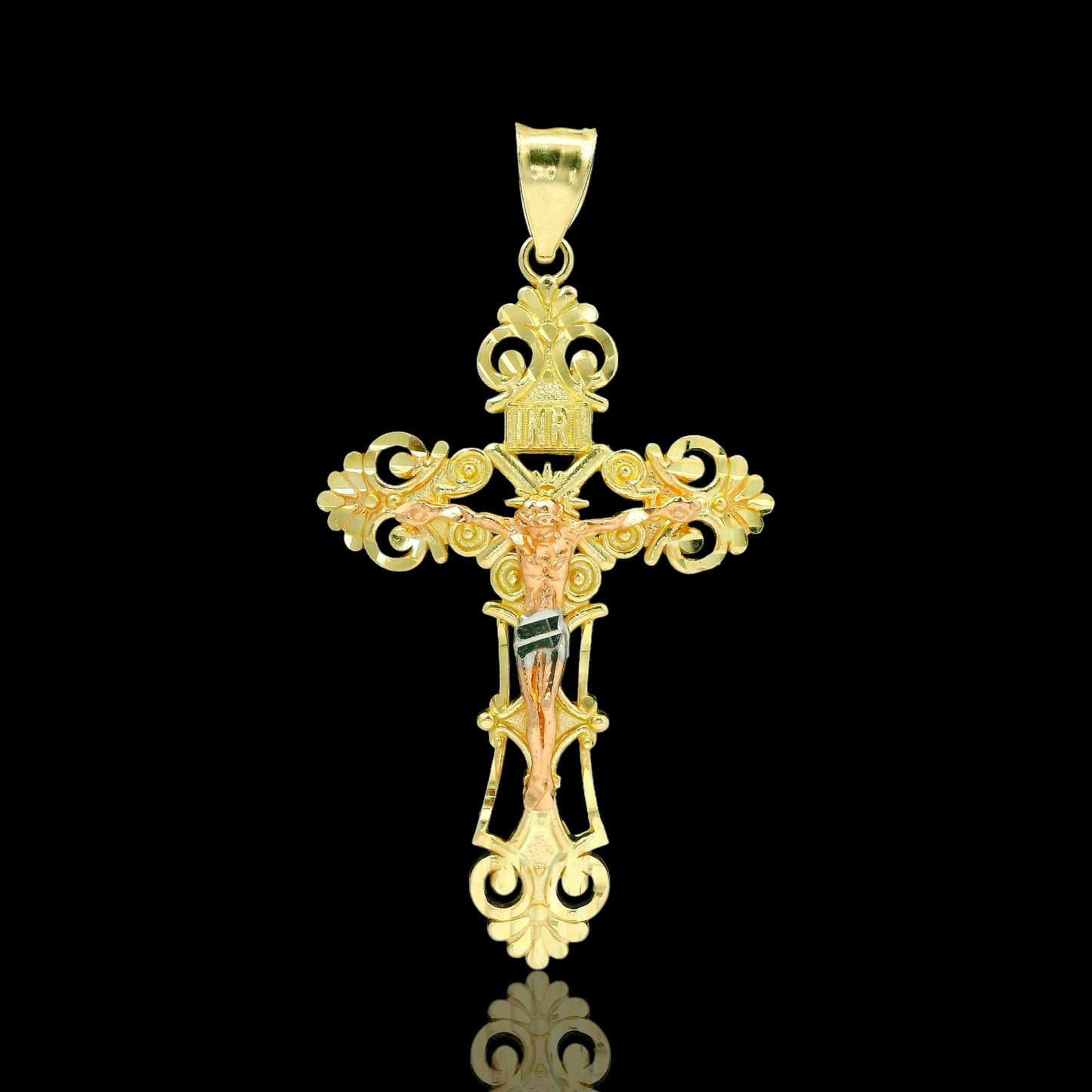 14K Tri-Color Filigree Crucifix Cross Pendant