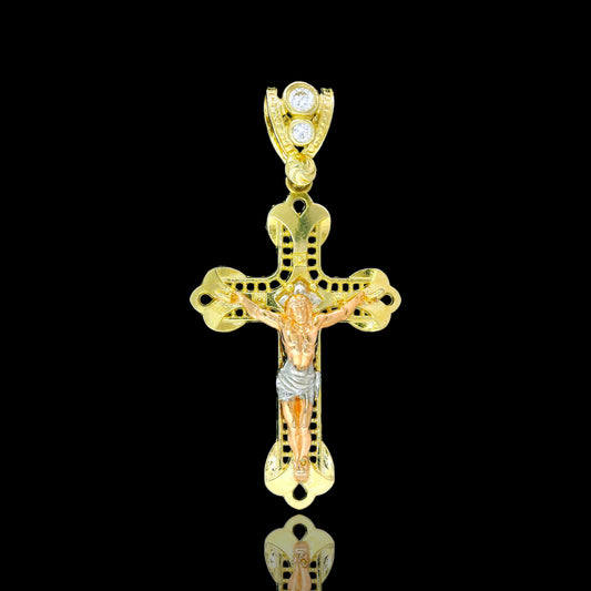 14K Gold & CZ Bail Baroque Crucifix Pendant with Tri-Tone Christ