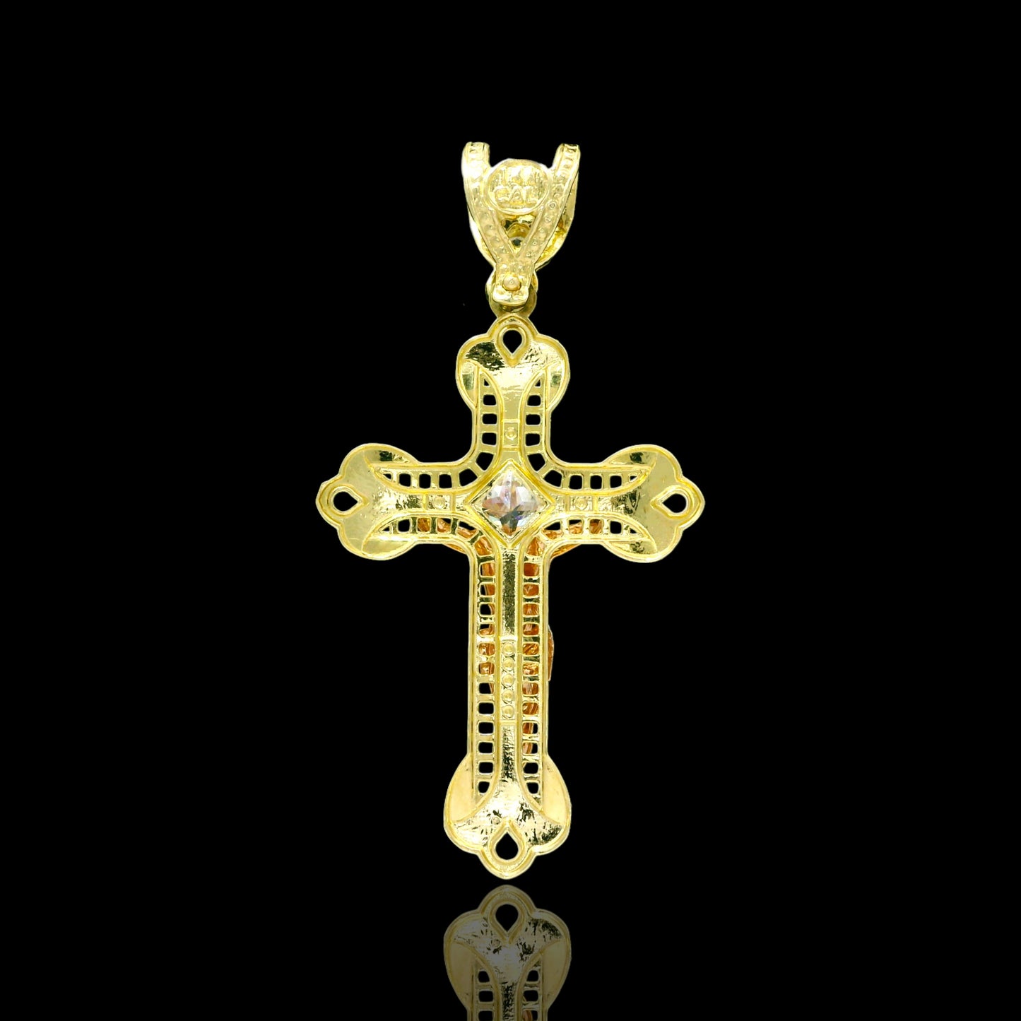 14K Gold & CZ Bail Baroque Crucifix Pendant with Tri-Tone Christ