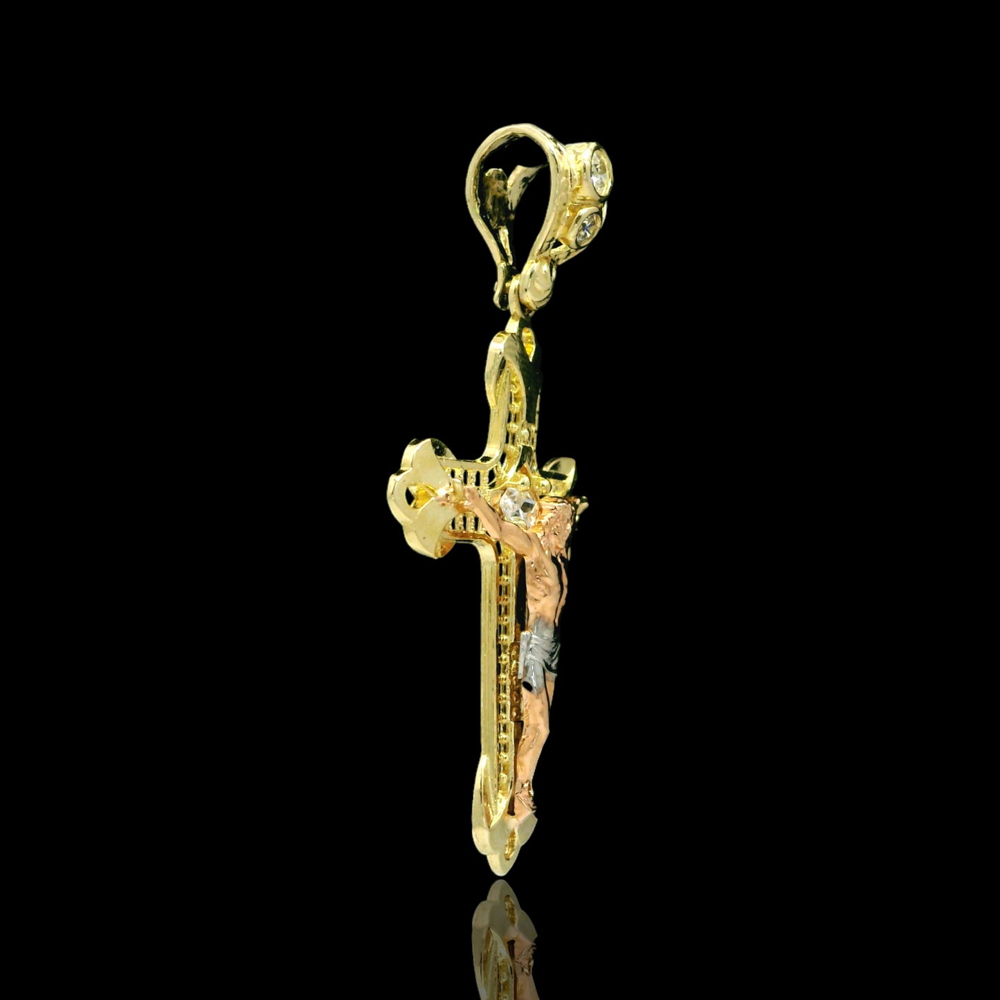 14K Gold & CZ Bail Baroque Crucifix Pendant with Tri-Tone Christ