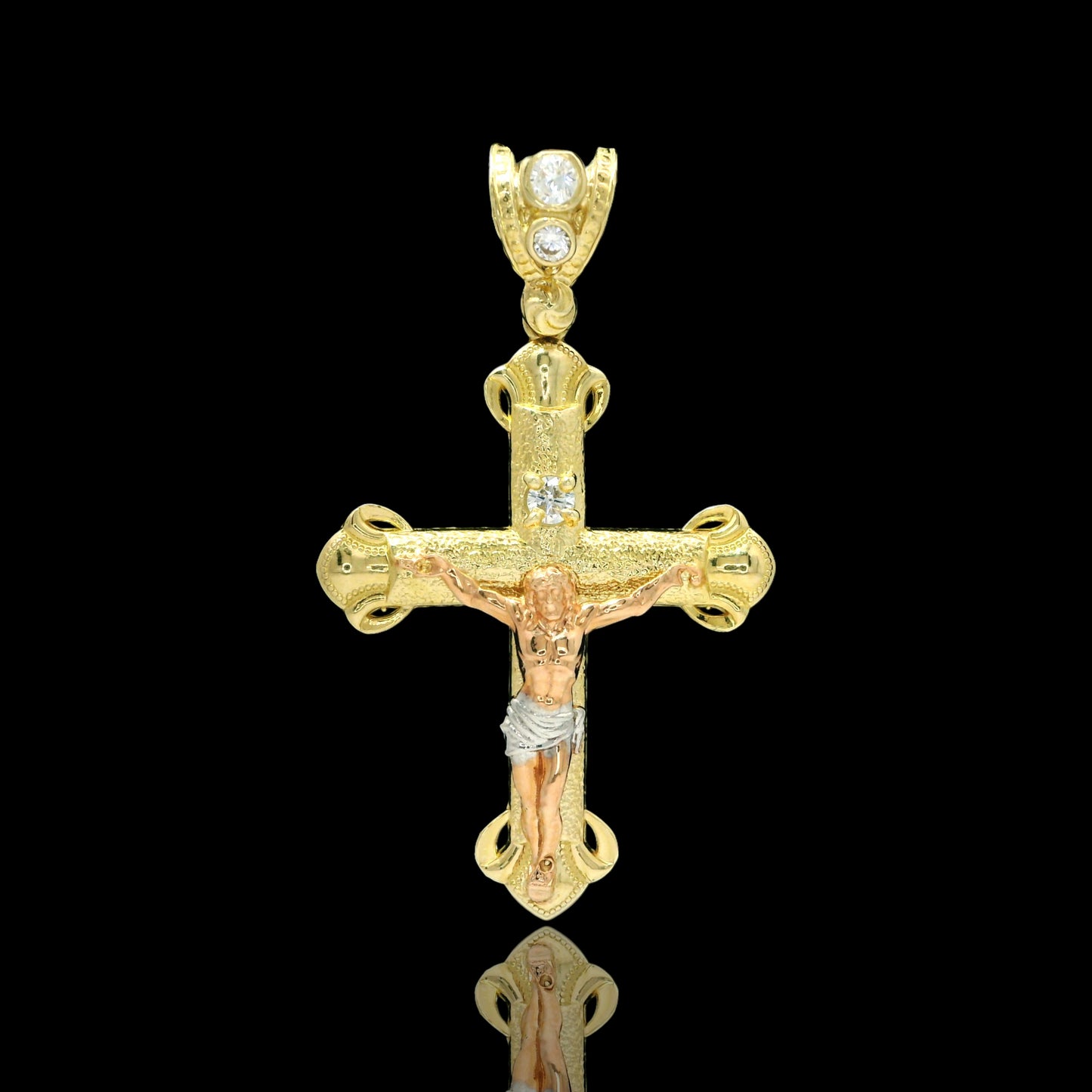 14K Gold Textured Crucifix with CZ Accents