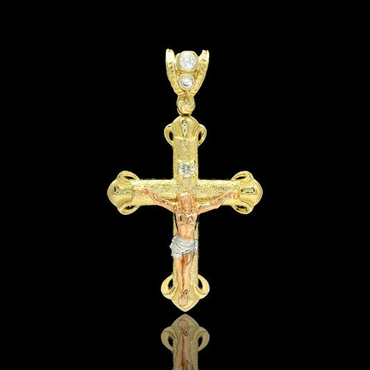 14K Gold Textured Crucifix with CZ Accents