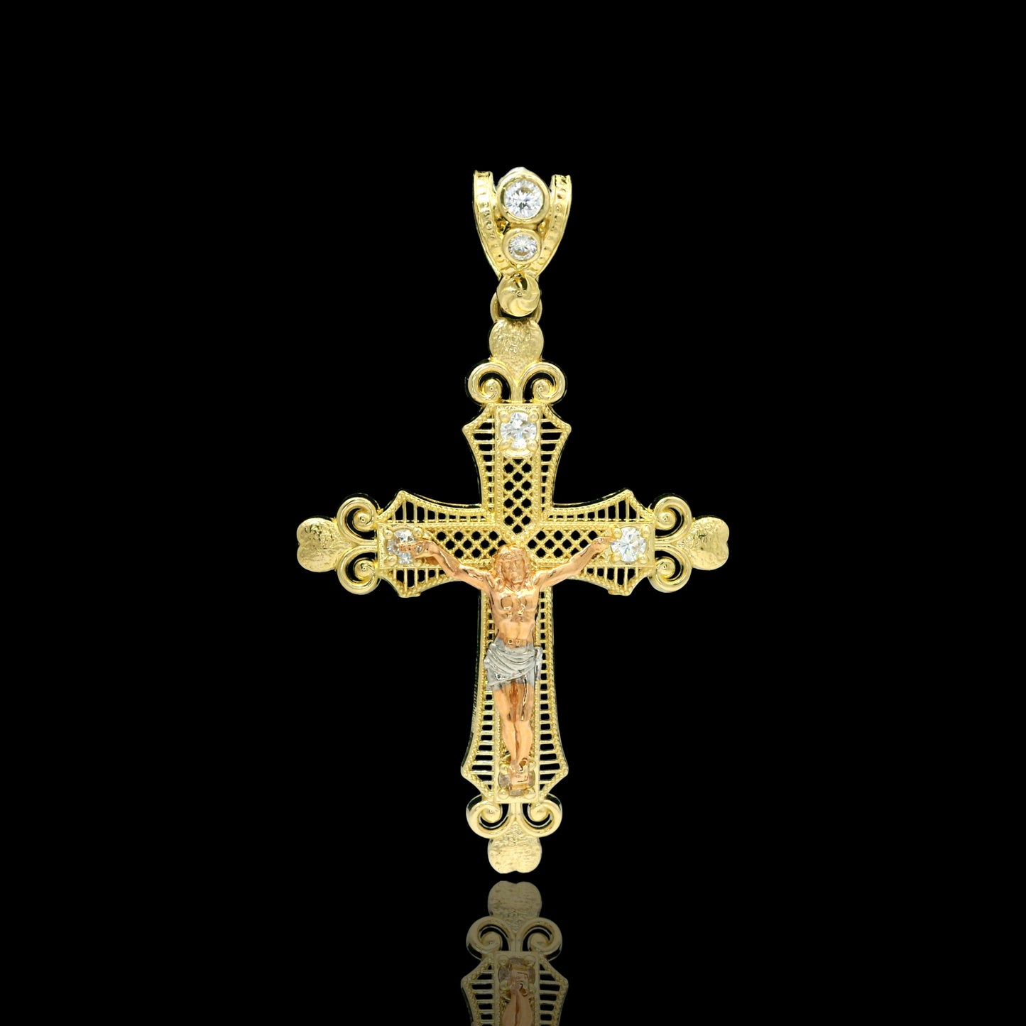 14K Gold Filigree Crucifix Pendant with CZ – 48mm