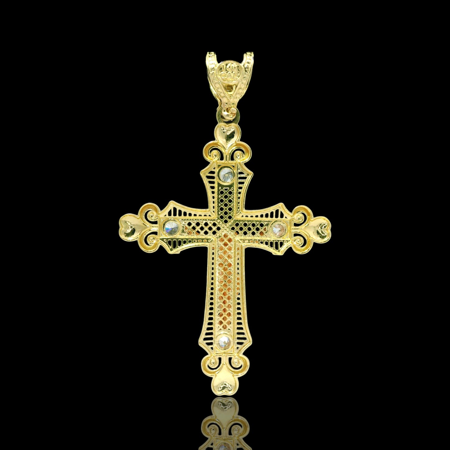14K Gold Filigree Crucifix Pendant with CZ – 48mm
