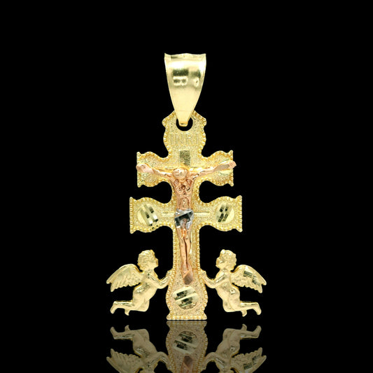 Small 14K Caravaca Cross with Angels & Beaded Edge