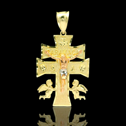 14K Gold Caravaca Cross Pendant with Angels