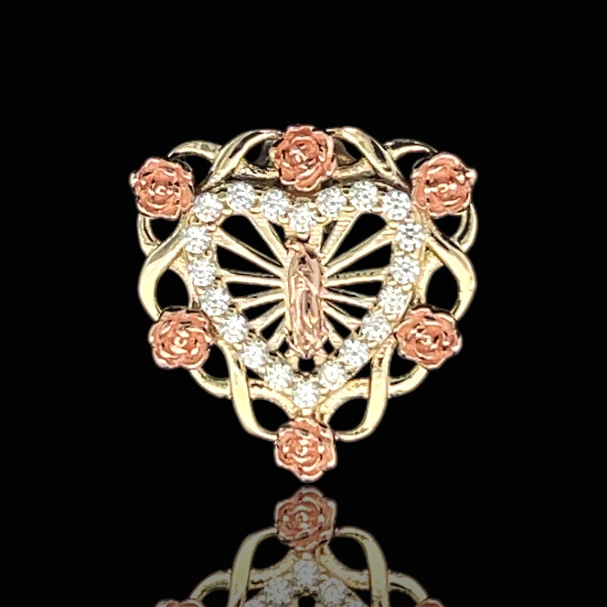 14K Radiating Guadalupe Earrings with CZ Inner Heart & Rose Accents