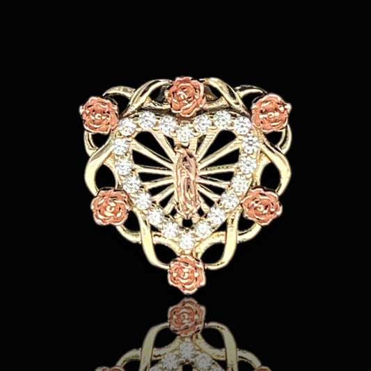 14K Radiating Guadalupe Earrings with CZ Inner Heart & Rose Accents