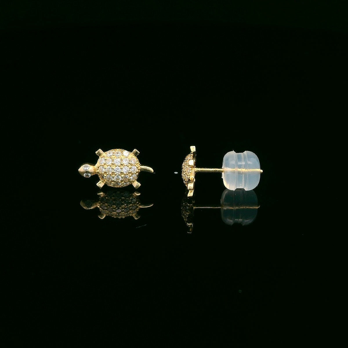 14K Italian Gold Turtle Stud Earring with Gold-Incrusted Silicone Back – 5.7mm x 10.5mm