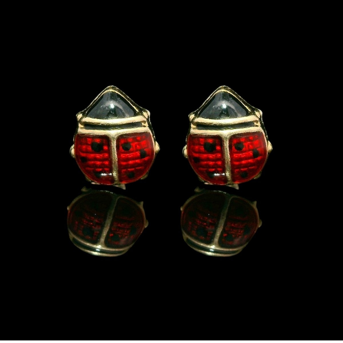 14K Gold Enamel Puff Ladybug Stud Earrings