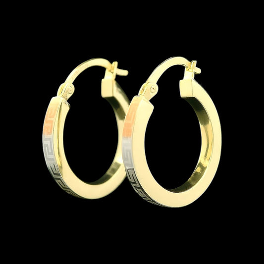 14K Gold Three Tone Greek Key Hoop Earrings – 20mm & 25mm