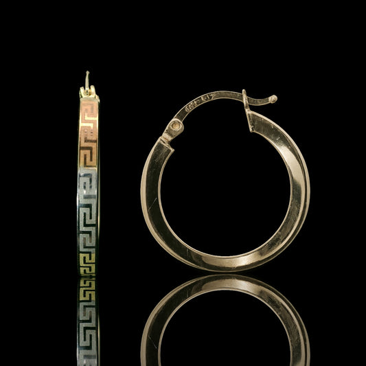 14K Gold Three Tone Greek Key Hoop Earrings – 20mm & 25mm