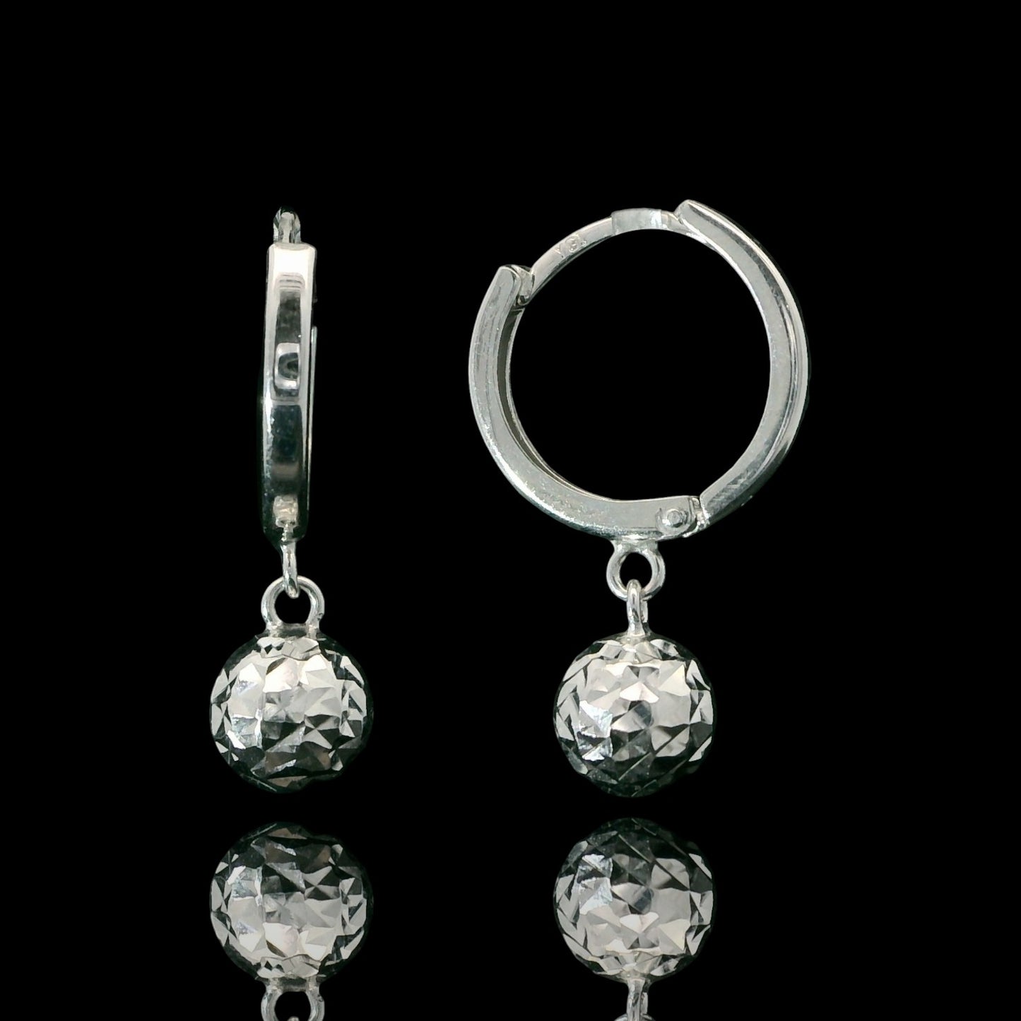 14K White Gold Huggie Hoops with Diamond-Cut Ball Charm