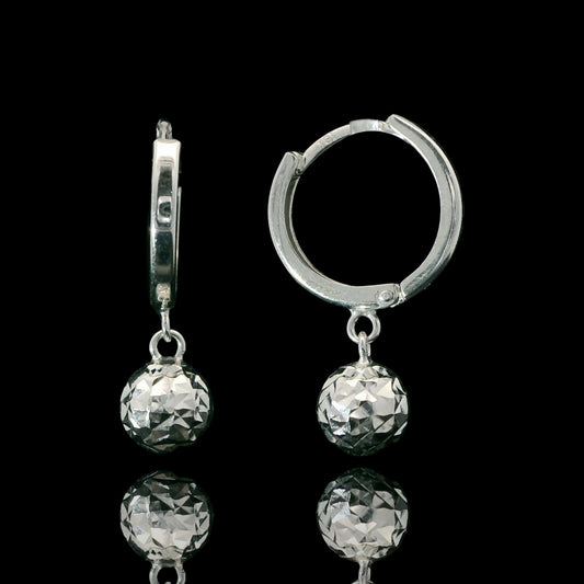 14K White Gold Huggie Hoops with Diamond-Cut Ball Charm