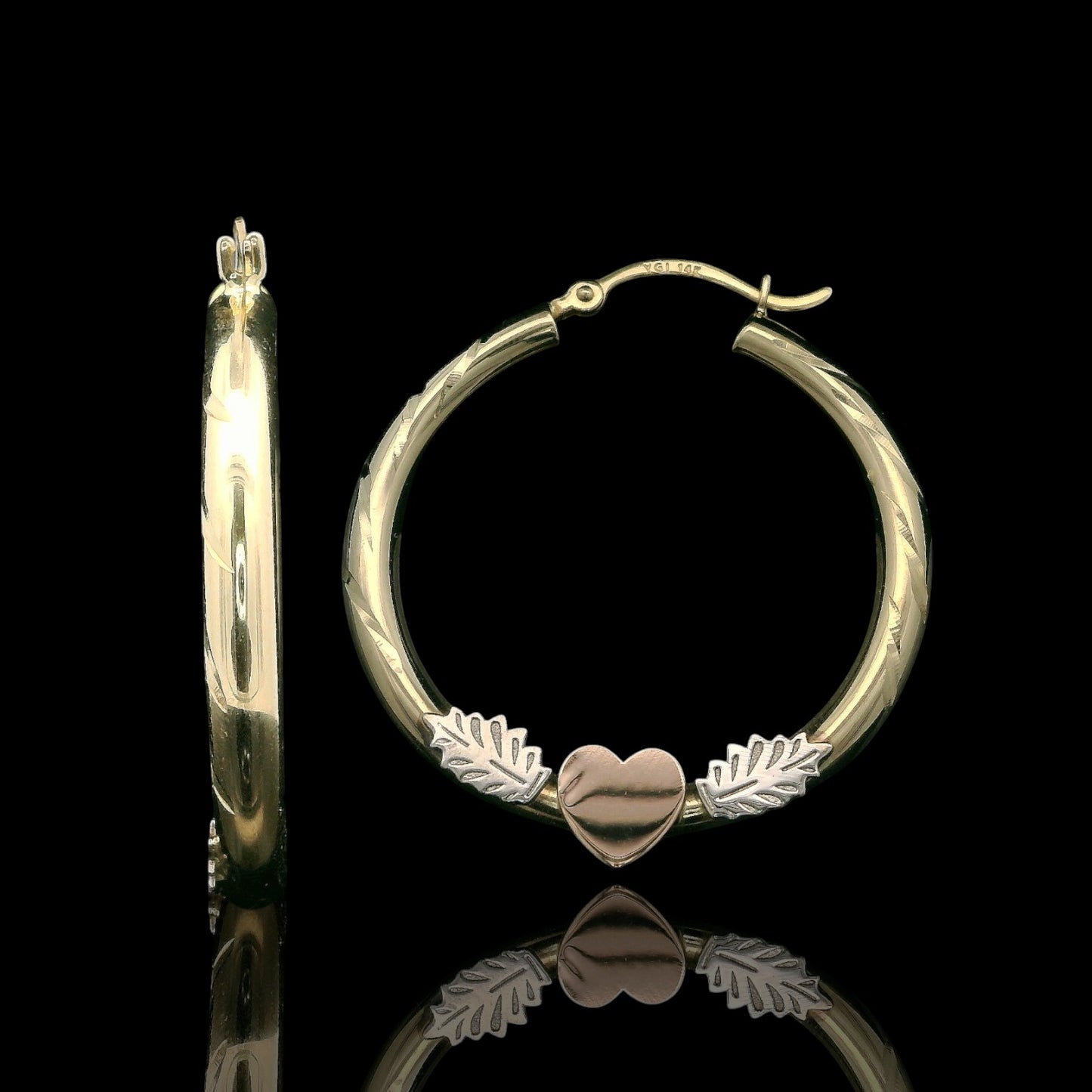 14K Tri-Color Heart & Leaf Hoop Earrings – 30mm