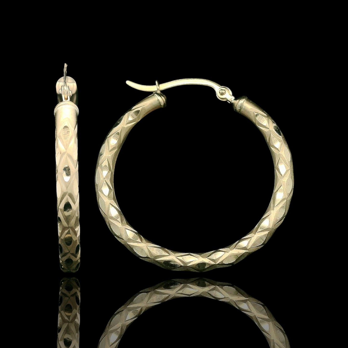 14K Italian Yellow Gold Matte Faceted Fancy Hoops  –  (3mm Thick by 20mm - 30mm)