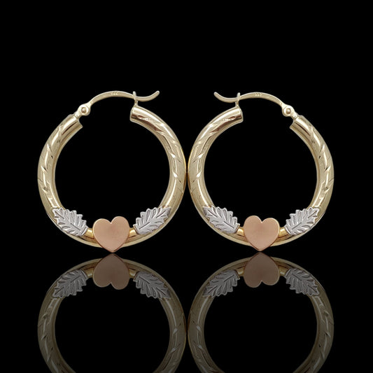 14K Tri-Color Heart & Leaf Hoop Earrings – 30mm