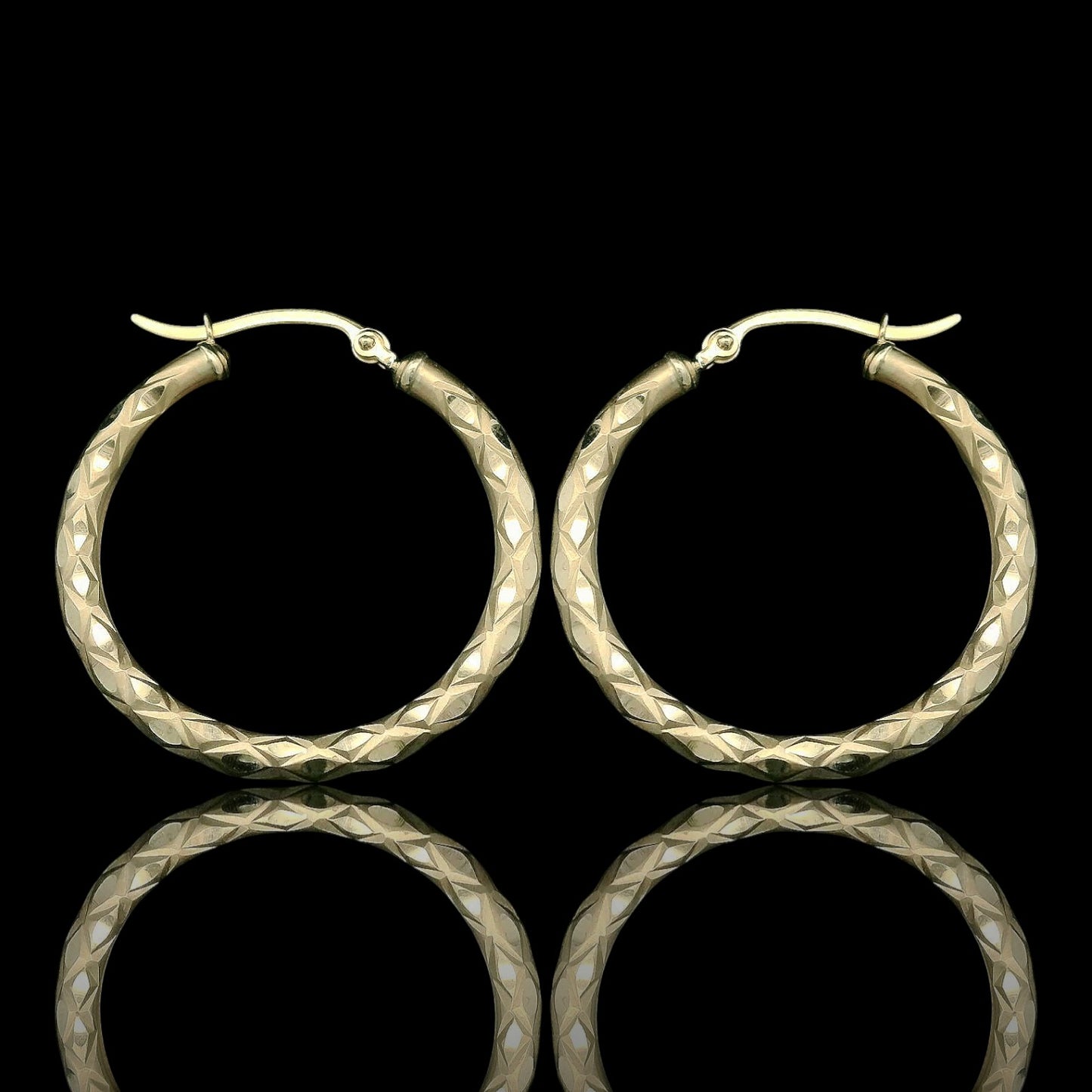 14K Italian Yellow Gold Matte Faceted Fancy Hoops  –  (3mm Thick by 20mm - 30mm)