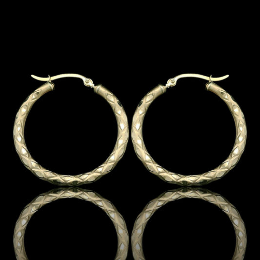 14K Italian Yellow Gold Matte Faceted Fancy Hoops  –  (3mm Thick by 20mm - 30mm)