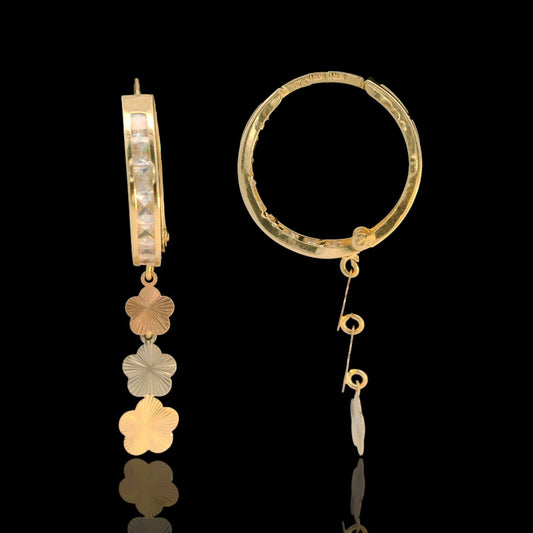 14K Gold 19mm Huggie Earrings with CZ & Tri-Color Flower Dangle