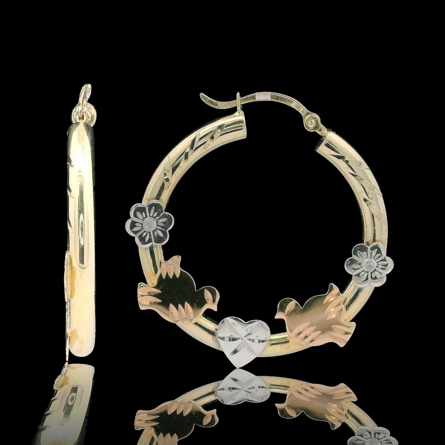 14K Tri-Color Dove, Heart & Flower Hoop Earrings