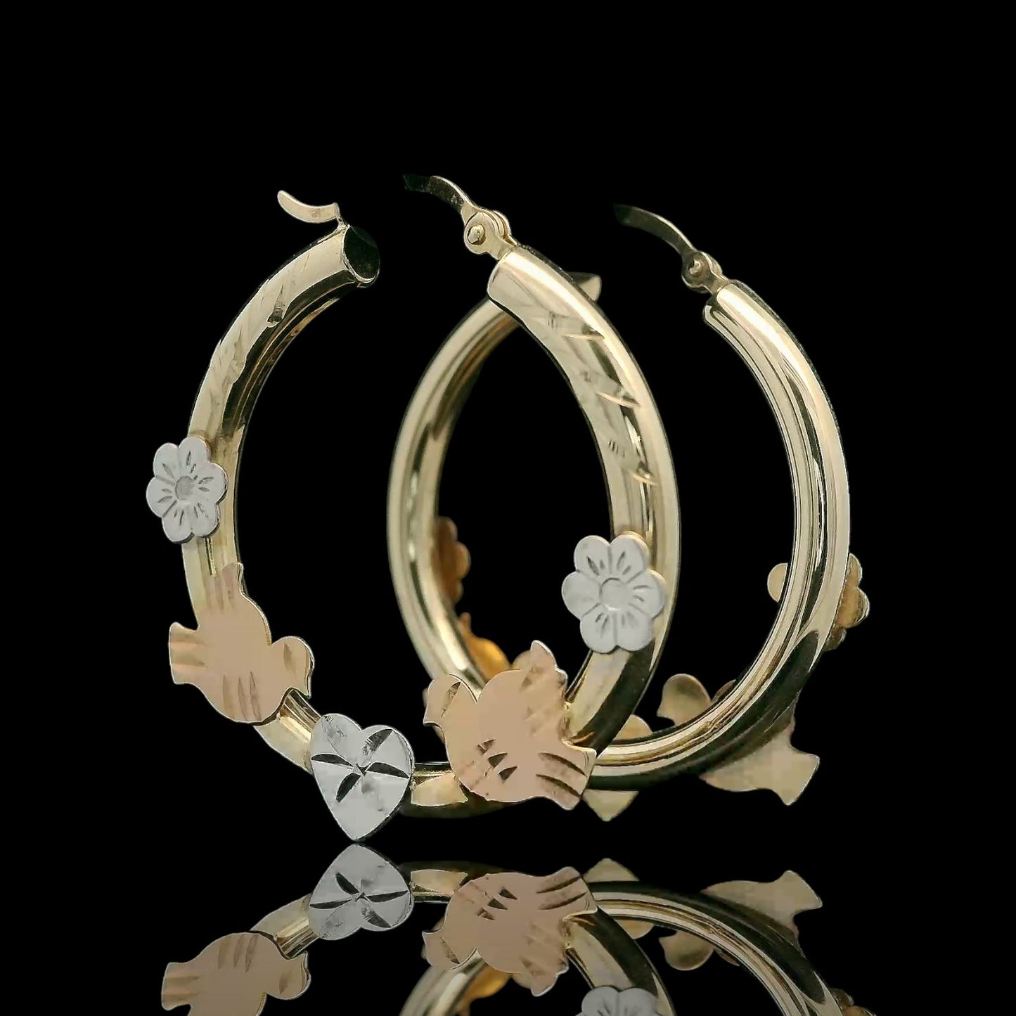 14K Tri-Color Dove, Heart & Flower Hoop Earrings