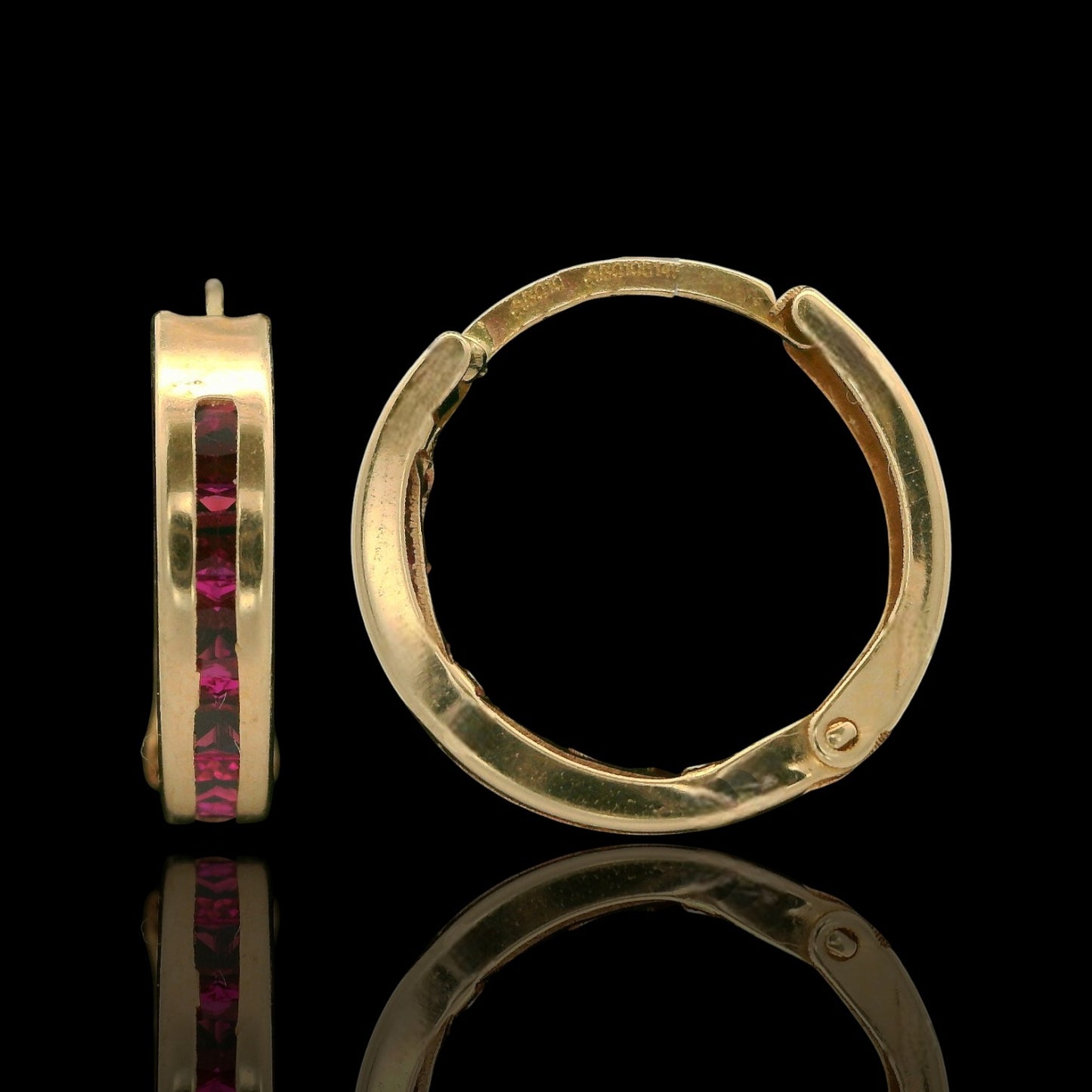 14K Yellow Gold 14mm Red Chanel Set Huggies Hoops