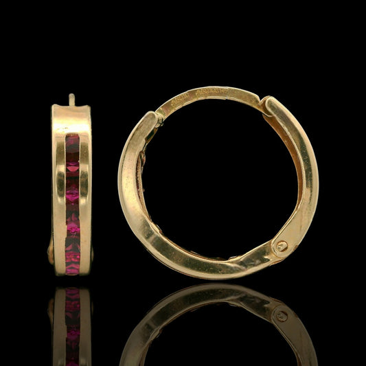 14K Yellow Gold 14mm Red Chanel Set Huggies Hoops