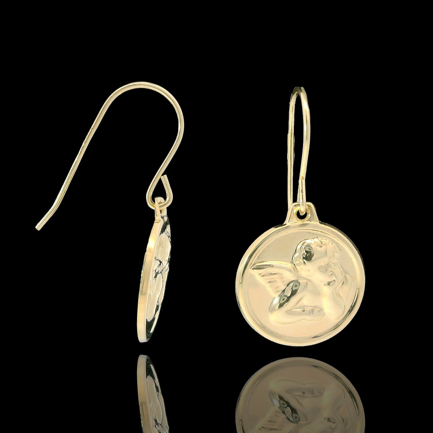 14K Italian Gold Angel Medallion Dangle Earrings – 14 mm
