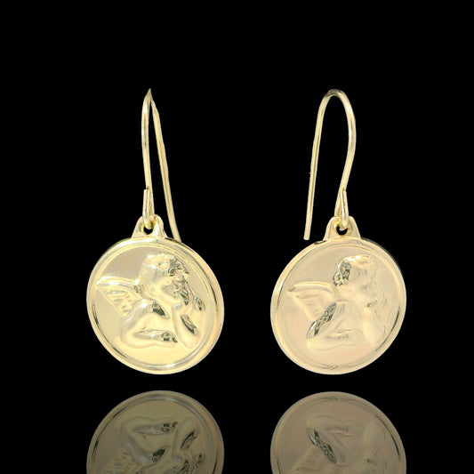 14K Italian Gold Angel Medallion Dangle Earrings – 14 mm