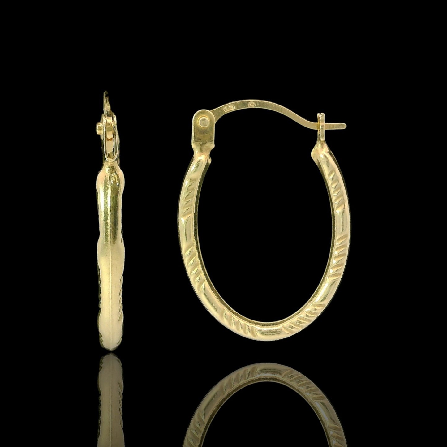 14K Yellow Gold 16mm Textured Oval Hoop Earrings