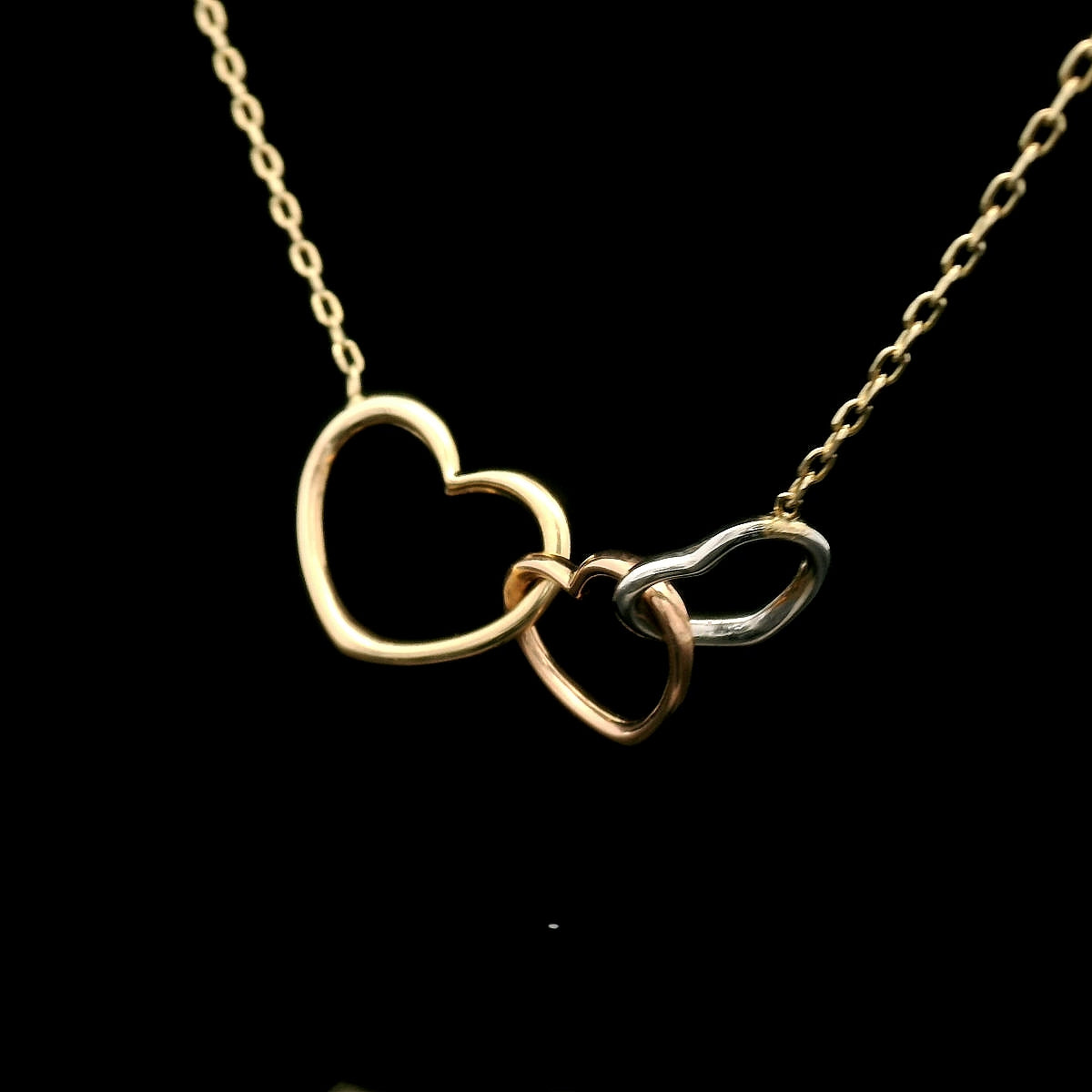 14K Tri-Color Linked Hearts Necklace – 19" (Cable or Box Chain)