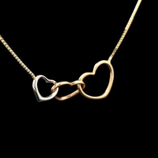 14K Tri-Color Linked Hearts Necklace – 19" (Cable or Box Chain)