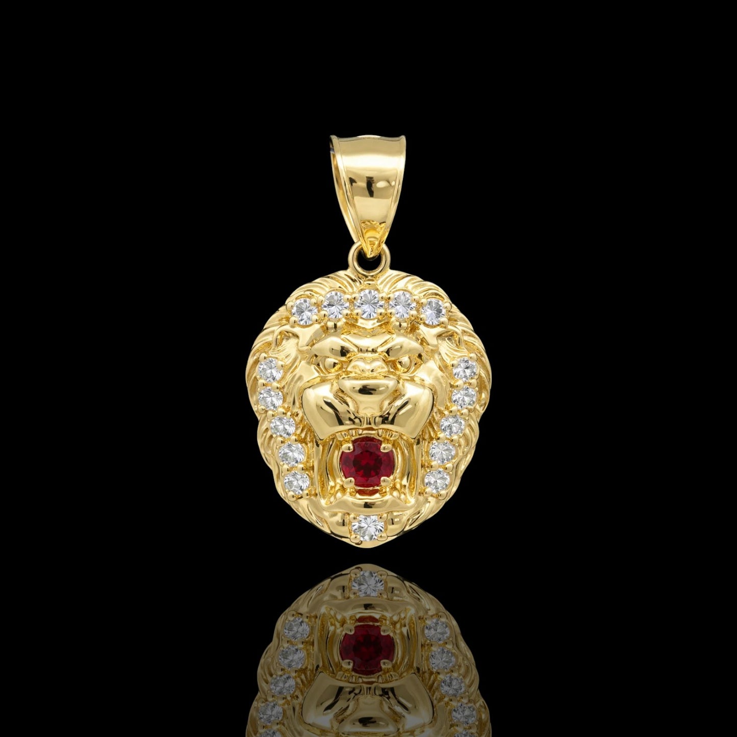 14K Gold Lion Head Pendant with Red Center Stone (23mm & 17mm)