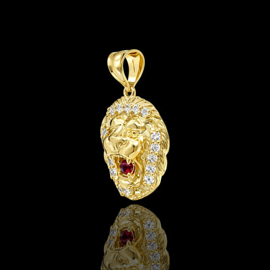 14K Gold Lion Head Pendant with Red Center Stone (23mm & 17mm)