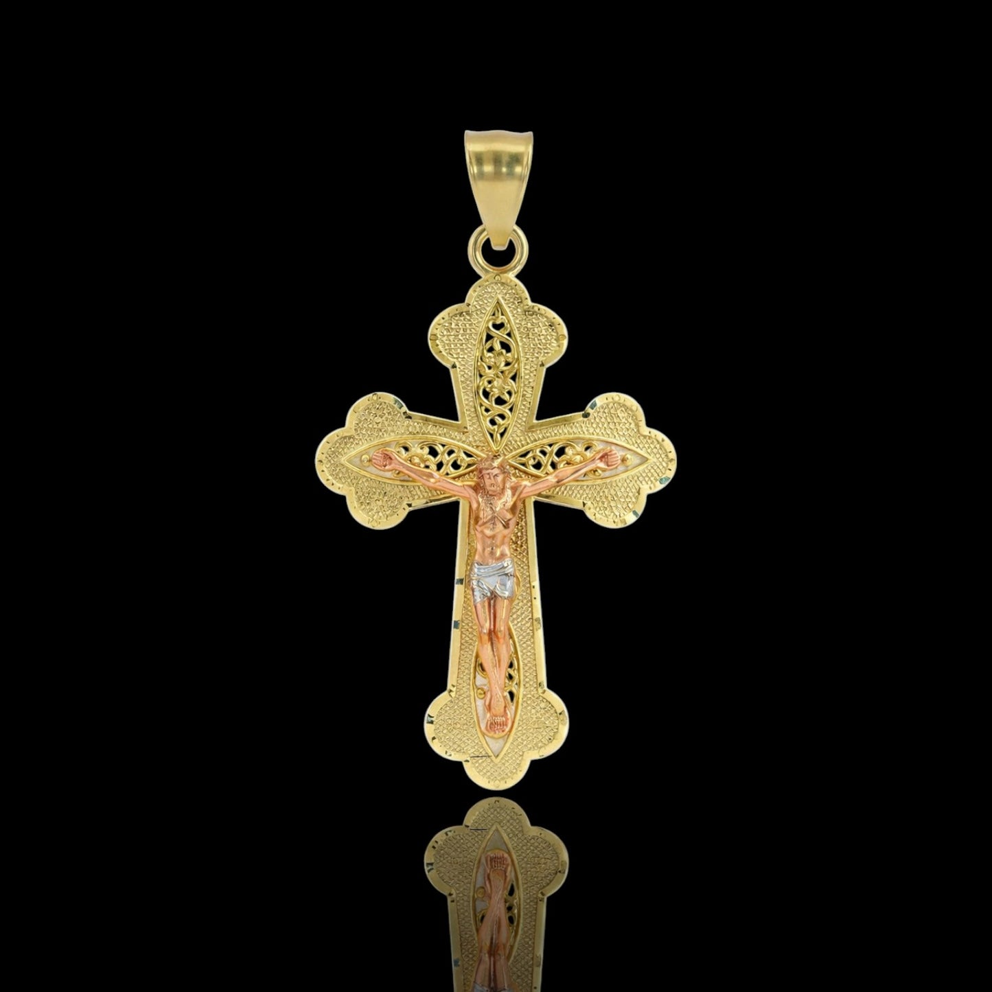 14K Tri-Color Filigree Crucifix Cross Pendant 42mm