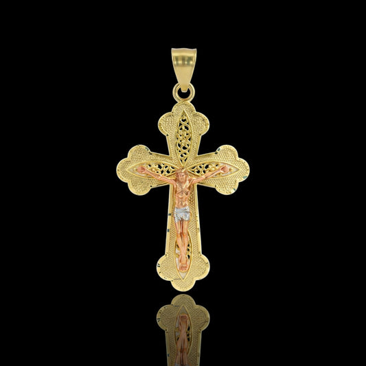 14K Tri-Color Filigree Crucifix Cross Pendant 42mm
