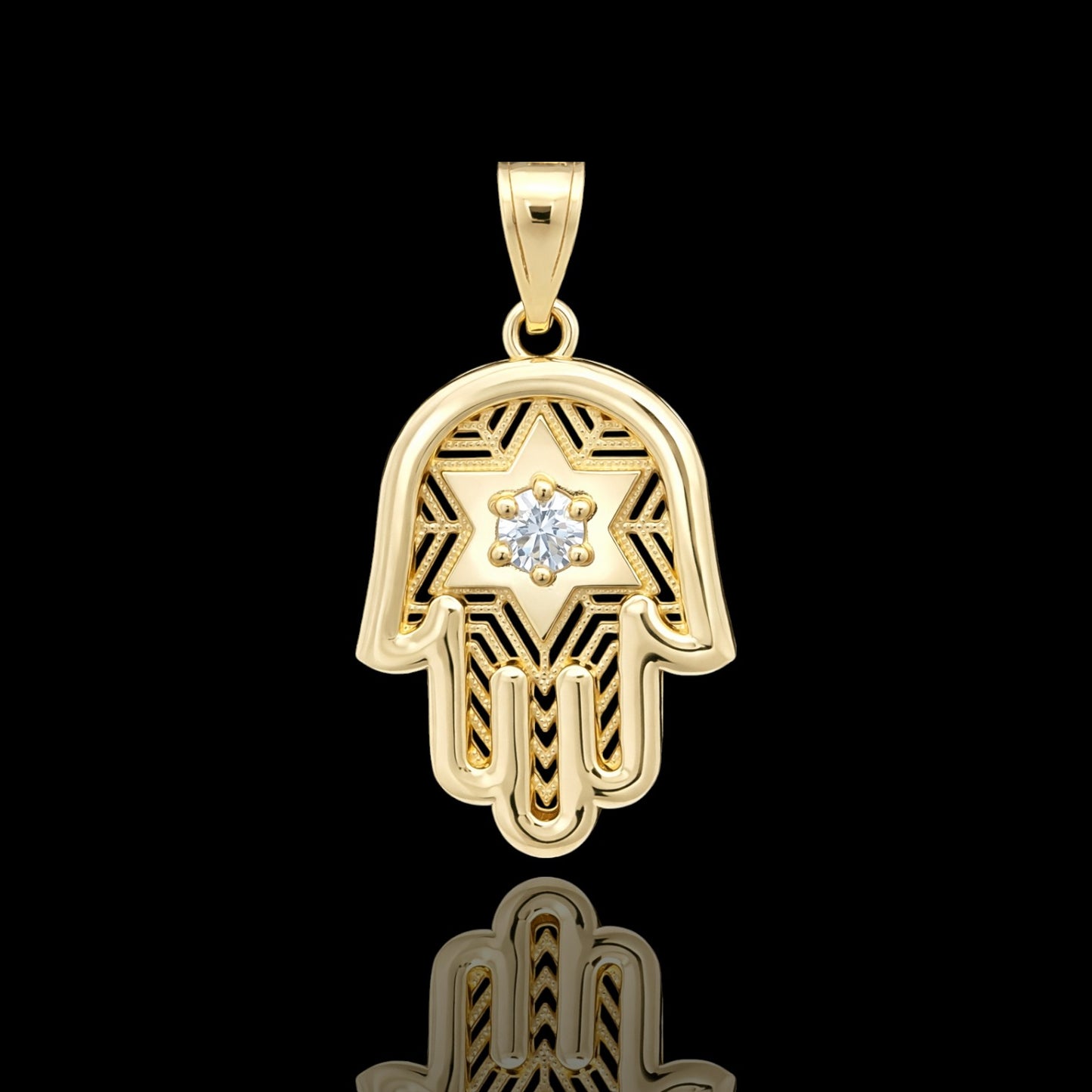 14K Gold Hamsa Hand Star Pendant 24mm