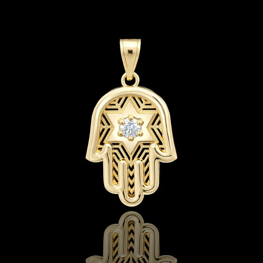 14K Gold Hamsa Hand Star Pendant 24mm