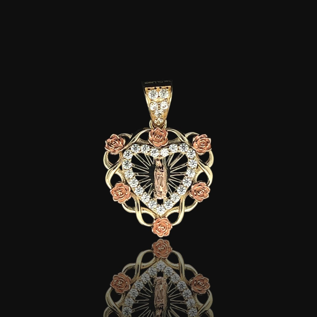14K Radiating Guadalupe Pendant with CZ Inner Heart & Rose Accents