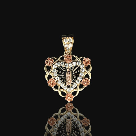 14K Radiating Guadalupe Pendant with CZ Inner Heart & Rose Accents