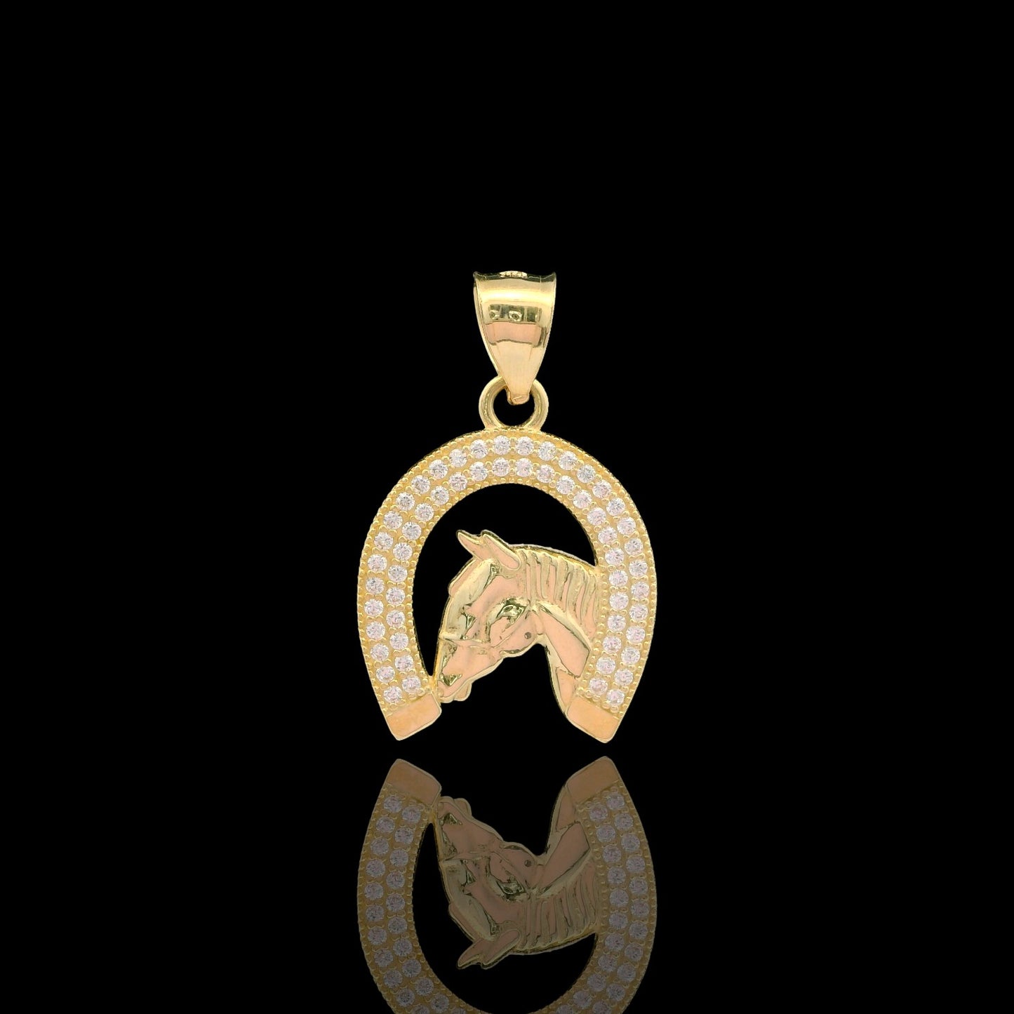 14K Gold Horseshoe & Horse Head CZ Pendant – 24mm & 18mm
