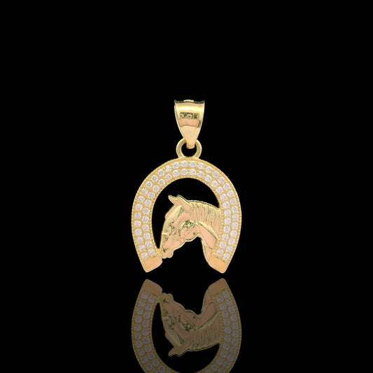 14K Gold Horseshoe & Horse Head CZ Pendant – 24mm & 18mm