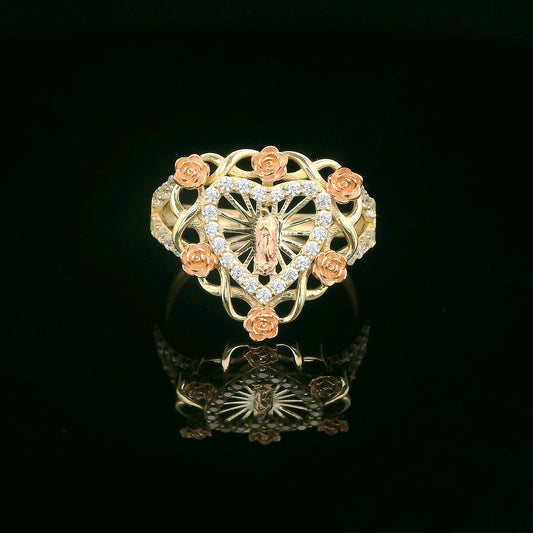 14K Radiating Guadalupe Ring with CZ Inner Heart & Rose Accents
