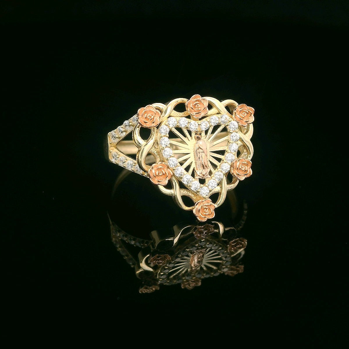 14K Radiating Guadalupe Ring with CZ Inner Heart & Rose Accents