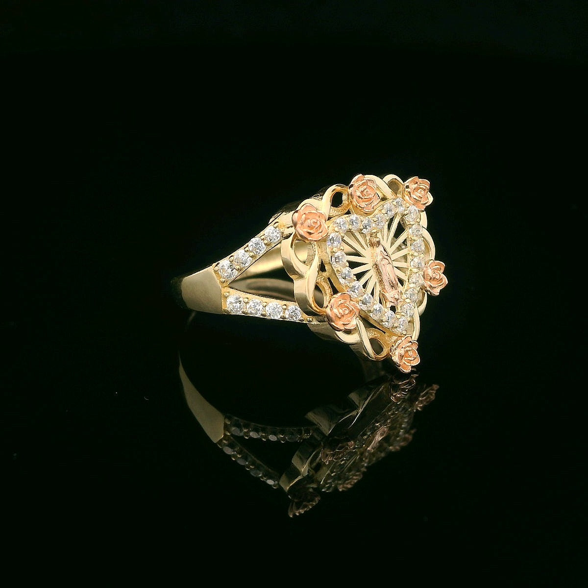 14K Radiating Guadalupe Ring with CZ Inner Heart & Rose Accents